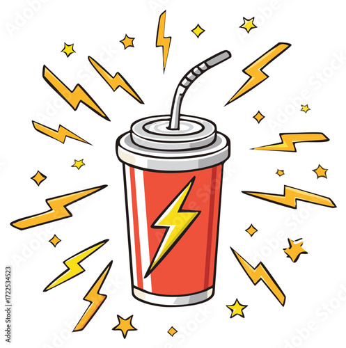 Pop art style illustration of a soda drink with energy symbols