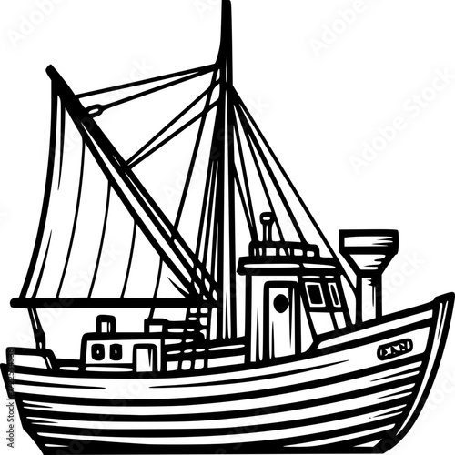 Vintage fishing vessel: A classic vintage sailing boat, reminiscent of maritime tales, sets sail. Its silhouette in the vast expanse of the sea represents freedom and adventure.