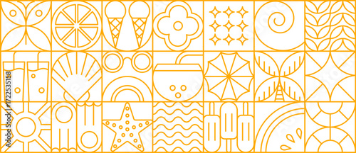 Abstract geometric summer beach pattern with line icons in vibrant yellow palette, featuring tropical drinks, fruits and playful shapes in modern grid layout. Vector seasonal vacation tile background