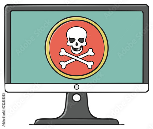 Computer monitor displaying a skull and crossbones danger symbol cyber security threat