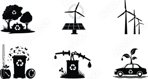 Eco icons, sustainability symbols, renewable energy, wind turbines, solar panels, recycling, composting, irrigation, green transport, environmental conservation,