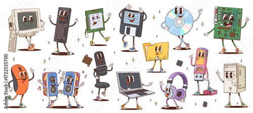 Cartoon groovy computer characters and tech gadgets. Vector desktop, keyboard, mouse and laptop. Floppy, cd or dvd, disk, microphone, speakers, headphones and game, console, cartridge with processor