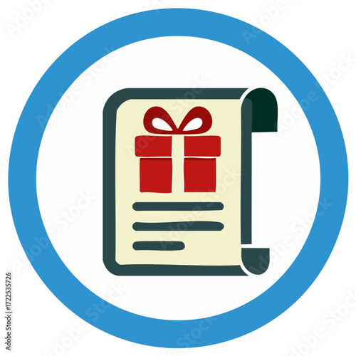 Gift certificate icon with red present and ribbon inside blue circle border