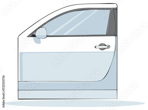 Vector illustration of a side car door with window and mirror in white and light blue color scheme.