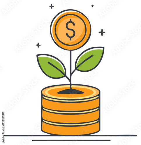 Money plant with dollar coin growing from stacked coins symbolizing financial growth and investment