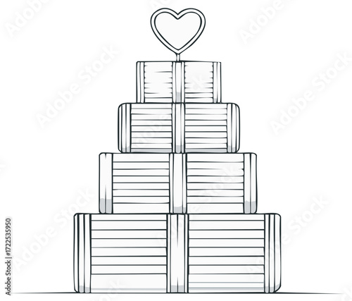 Hand drawn multi tier wedding cake outline with a heart topper