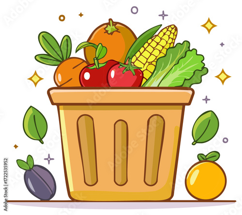 Cartoon basket filled with fruits and vegetables