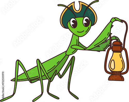 Mantis pirate or corsair cartoon character of ship crew, vector animal personage. Funny mantis in captain tricorne cocked hat with lantern lamp as Caribbean corsair or sailor insect character
