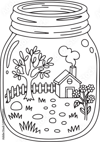 Stone Path Garden in Jar – Relaxing Bench & Flowers Coloring Page