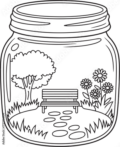 Stone Path Garden in Jar – Relaxing Bench & Flowers Coloring Page