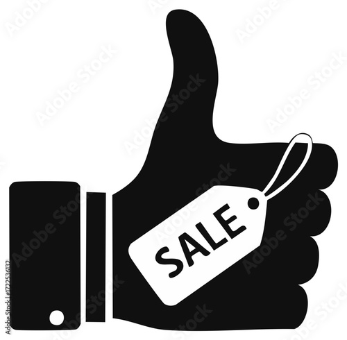 Hand gesture showing thumbs up with sale tag