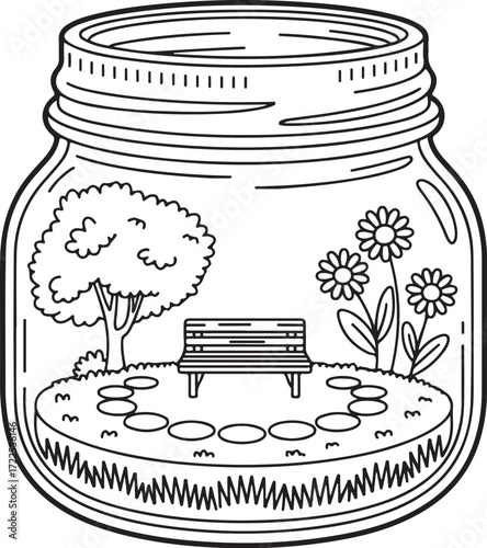 Stone Path Garden in Jar – Relaxing Bench & Flowers Coloring Page