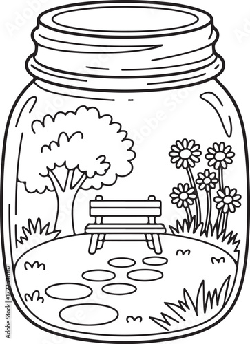 Stone Path Garden in Jar – Relaxing Bench & Flowers Coloring Page