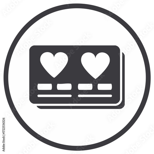 Two hearts on card icons representing love or loyalty program in a circle