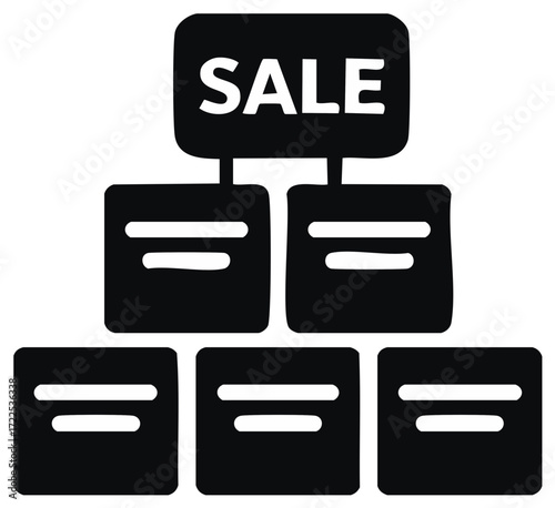 Black and white stylized graphic depicting SALE sign and boxed content symbols for design.