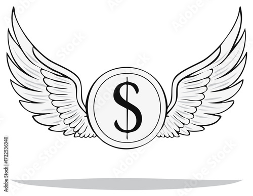 Currency Coin Adorned with Majestic Wings Depicting Financial Freedom and Rapid Monetary Gains in Line Art