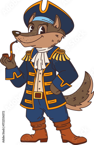 Cartoon wolf pirate of corsair captain of ship crew animal character, vector personage. Wolf in sailor tricorne hat and admiral uniform with smoking pipe as Caribbean corsair animal character