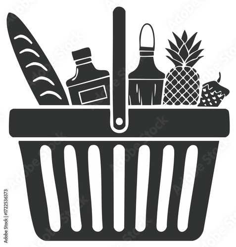 Grocery basket filled with food items baguette pineapple bottles and strawberry pictogram