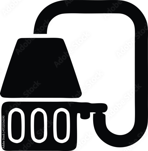 Simple black silhouette of a carbine hook attached to a rectangular object with three oval openings representing a lock