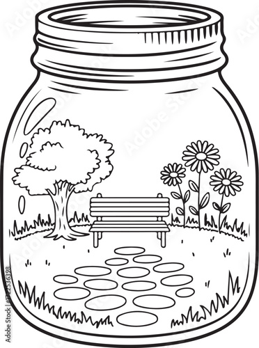 Stone Path Garden in Jar – Relaxing Bench & Flowers Coloring Page