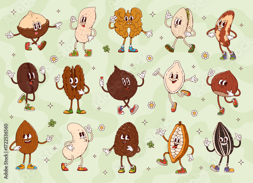Cartoon groovy nuts and seeds characters. Vector macadamia, peanut, walnut and pistachio. Brazil nut, coffee bean, coconut, sunflower or pumpkin seed. Almond, cashew, pine cone and cocoa bean pod