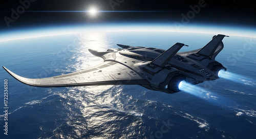 Futuristic Spacecraft Gliding Over Earth with Bright Thrusters and Sunlight Reflection