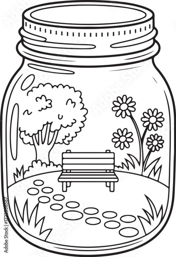 Stone Path Garden in Jar – Relaxing Bench & Flowers Coloring Page