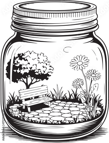 Stone Path Garden in Jar – Relaxing Bench & Flowers Coloring Page