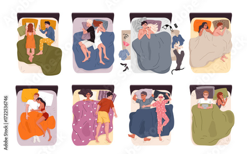 Couple in bed vector set of sleep and communication positions. Cartoon vector people cuddling, arguing, sleeping apart, chatting on phones or hugging under blankets, expressing emotion and relaxation