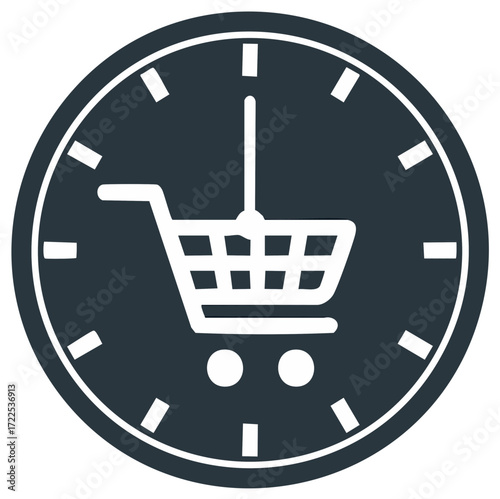 Shopping cart icon on a clock face representing timely delivery, quick sales, and e-commerce deadlines