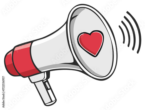 Animated red and white megaphone with heart icon emitting sound waves, symbolizing love communication