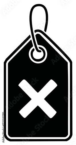 Black tag with a white cross symbol indicating rejection or cancellation