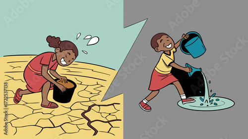 Vector Split Illustration of Kids Drinking Fresh Water vs Drought Land Showing Importance of Water 