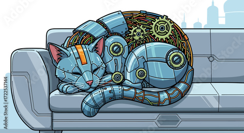 Sleeping Robotic Cat on a Sofa.