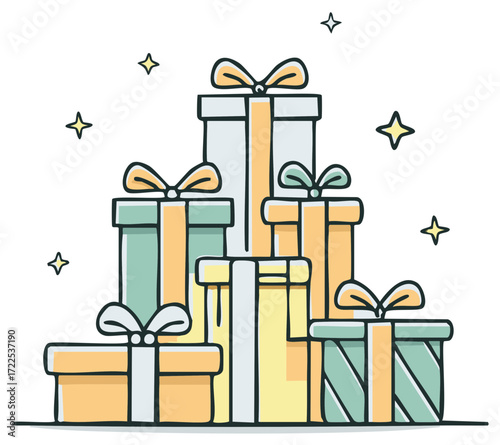 Stacked Festive Gift Boxes Tied with Ribbons and Bows with Sparkling Stars
