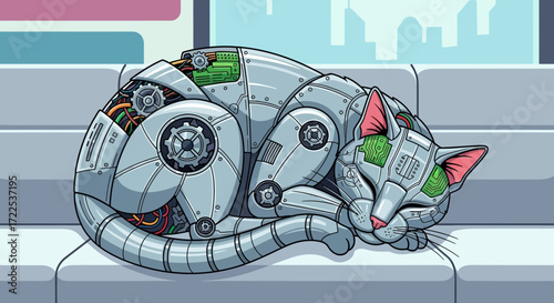 Sleeping Robotic Cat with Intricate Mechanical Details.