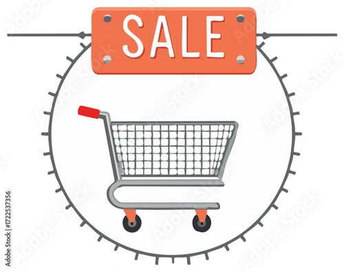 Cartoon Shopping Cart with Sale Sign Hanging in a Decorative Circular Border