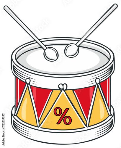 Red and yellow decorated drum with drumsticks and percentage symbol for sales or discount events