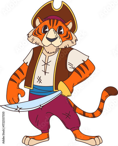 Cartoon tiger pirate character or corsair ship crew, vector animal personage. Tiger sailor in captain tricorne cocked hat with saber sword or dirk dagger as funny Caribbean corsair animal character