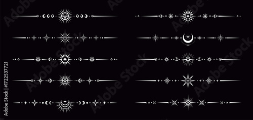 Silver esoteric celestial divider borders with magic symbols of sun, moon and stars, vector set. Divider borders with celestial ornament for Tarot frames, mystic astrology or esoteric sacred geometry