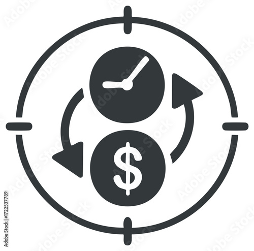 Targeting time and money, financial clock with dollar sign in crosshairs icon