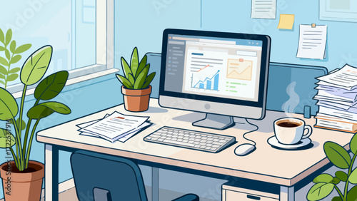 Indoor business office scene, vector hand-drawn illustrations