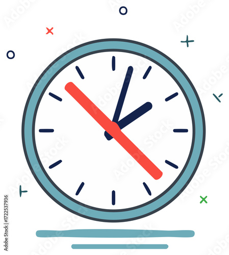 Clock illustration with hands, minute marks, and surrounding decorative marks.