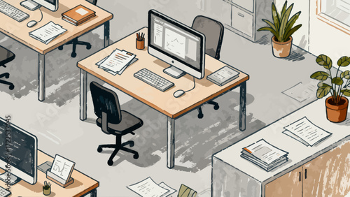 Indoor business office scene, vector hand-drawn illustrations