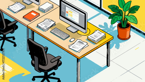 Indoor business office scene, vector hand-drawn illustrations