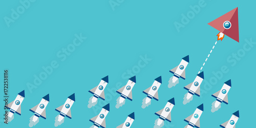 Red rocket breaks away from a group of white rockets flying upwards on a blue background
