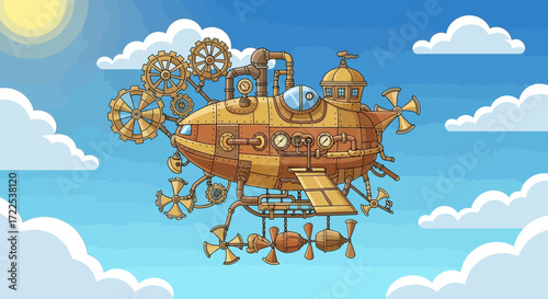 Steampunk Airship Flying in the Sky.