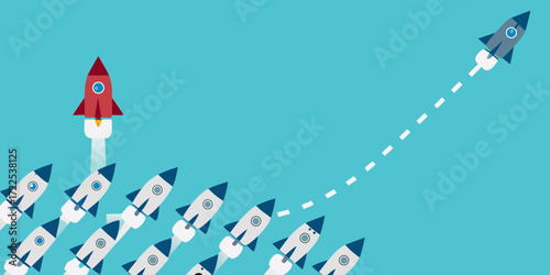 Red rocket launches ahead of a fleet of white rockets symbolizing individuality and innovation