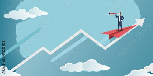 Businessman riding a red paper airplane on an upward trending graph looking through a telescope