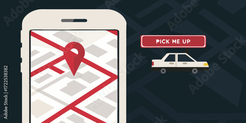 Smartphone navigation app displaying a map with a pin and a car with a pick me up sign